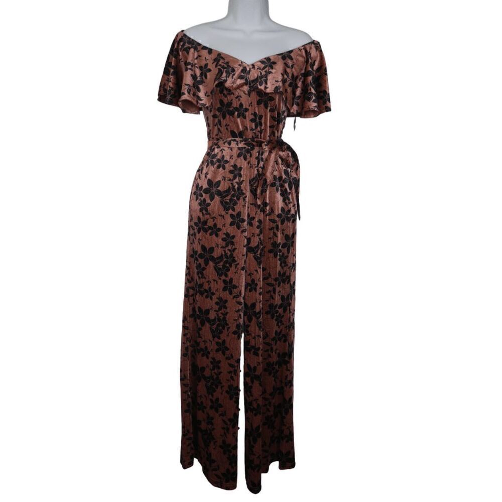 NWT Unique Vintage mauve Sparkle & Black Floral Velvet Wide Leg Belted Jumpsuit